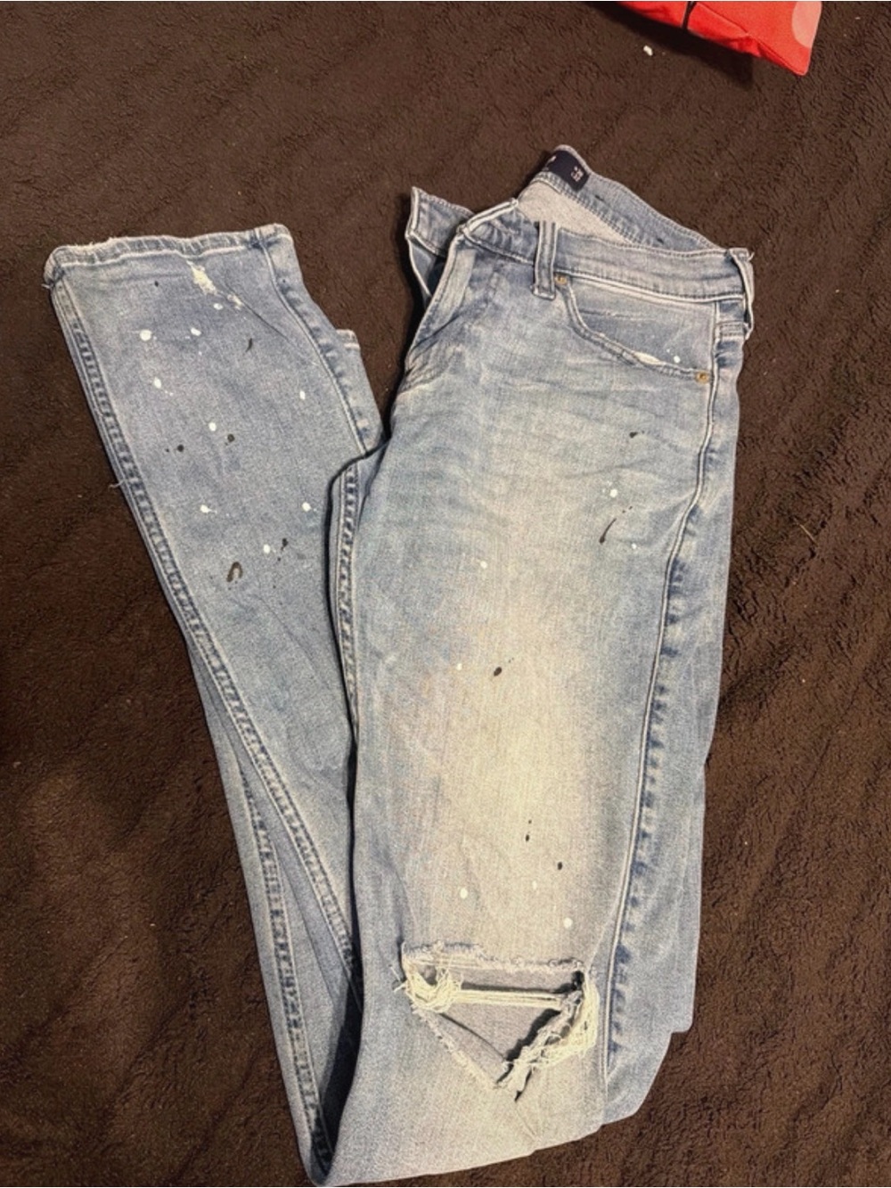 Hollister Light Blue Slim Straight Jeans with Paint-Splatter and Distressed Knee